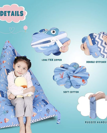 Stuffed Animal Storage Bean Bag Chair Cover, Cotton Blue Marine Life Plush Toy Storage Stuff and Sit Seat for Kids/Teens/Adults,52" x 31" Extra Large Triangle Floor Sofa, 200L/52Gal,Cover Only - LeafyLoom