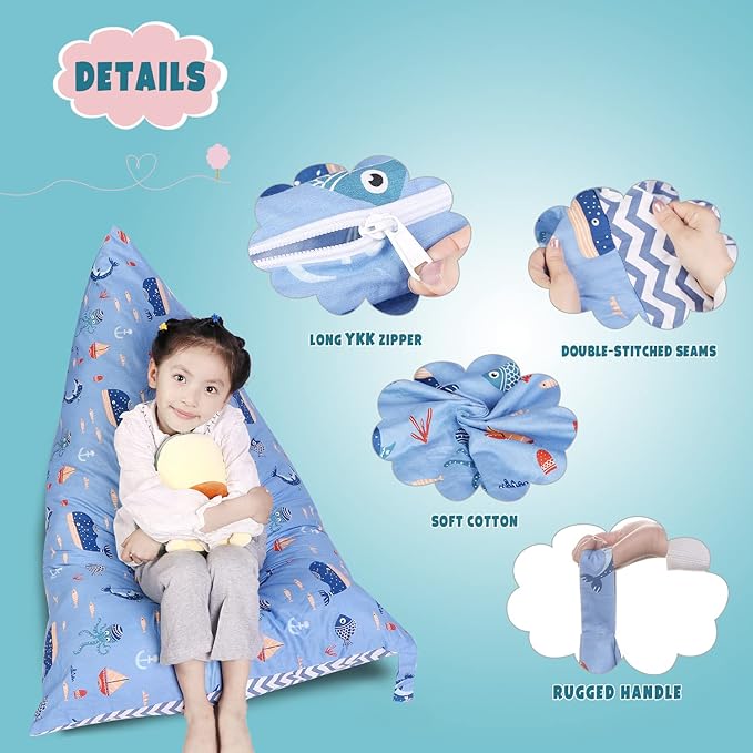 Stuffed Animal Storage Bean Bag Chair Cover, Cotton Blue Marine Life Plush Toy Storage Stuff and Sit Seat for Kids/Teens/Adults,52" x 31" Extra Large Triangle Floor Sofa, 200L/52Gal,Cover Only - LeafyLoom