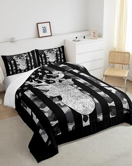 American Flag Bedding Set Deer Camo Comforter Set Queen For Kids Boys Teen Man,Western Rustic Black Grey Military Camouflage Bedding Comforters Hunting Deer Antlers Quilt Duvet For All Season 3 Pcs - LeafyLoom