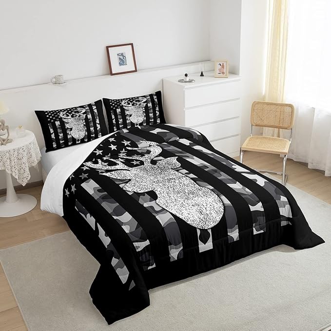 American Flag Bedding Set Deer Camo Comforter Set Queen For Kids Boys Teen Man,Western Rustic Black Grey Military Camouflage Bedding Comforters Hunting Deer Antlers Quilt Duvet For All Season 3 Pcs - LeafyLoom