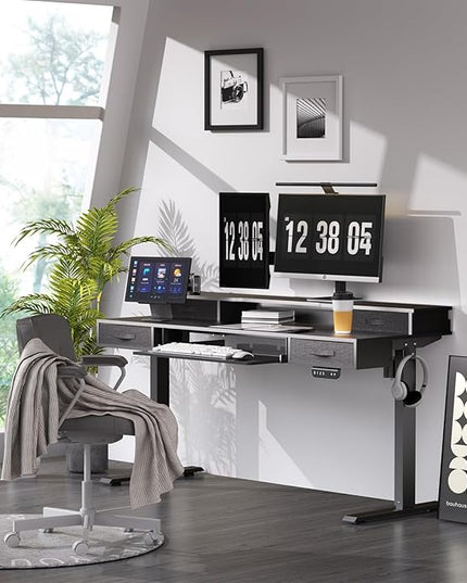 Electric Standing Desk, 55 Inches Height Adjustable Desk with Monitor Shelf, Large Sit Stand Desk with Drawers, Smart Home Office Computer Desk, Classic Black - LeafyLoom