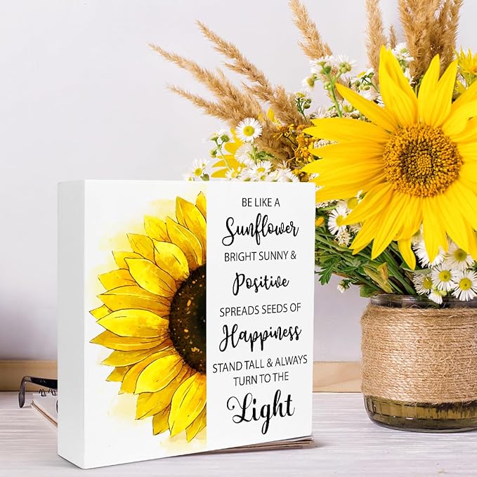 Creoate Sunflower Desk Decor, Inspirational Wood Block Sign Desk Decorations for Home Girls Room Dorm Office Desk Shelf Table Decor - Be Like a Sunflower Bright Sunny and Positive Uplifting Positive - LeafyLoom