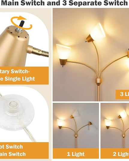 FOLKSMATE LED Floor Lamp, Medusa 3 Head Modern Adjustable Gooseneck Tall Standing Light for Living/Kids Room, Bedroom, Brass Gold - LeafyLoom