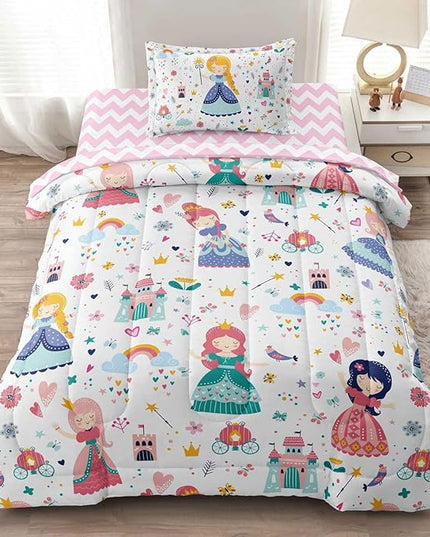Girls Twin Bedding Sets, Kids Comforter Set for Teens w/Sheets and Pillowcase, Soft Reversible Cartoon Princess Bed in a Bag Sets - LeafyLoom
