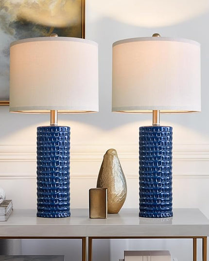 PORTRES 24.75" Modern Accent Ceramic Table Lamp Set of 2 for Bedroom Desk Decor Bedside Lamps for Living Room Study Room Office Dorm Farmhouse Nightstand Lamp End Table Lamps (Blue) - LeafyLoom