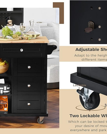 Rolling Kitchen Island Cart with Storage Cabinets and 5 Drawers, 2 Adjustable Shelf, Rubber Wood Countertop, Spice Rack & Towel Handle for Dinning Room, Coffee Bar - LeafyLoom