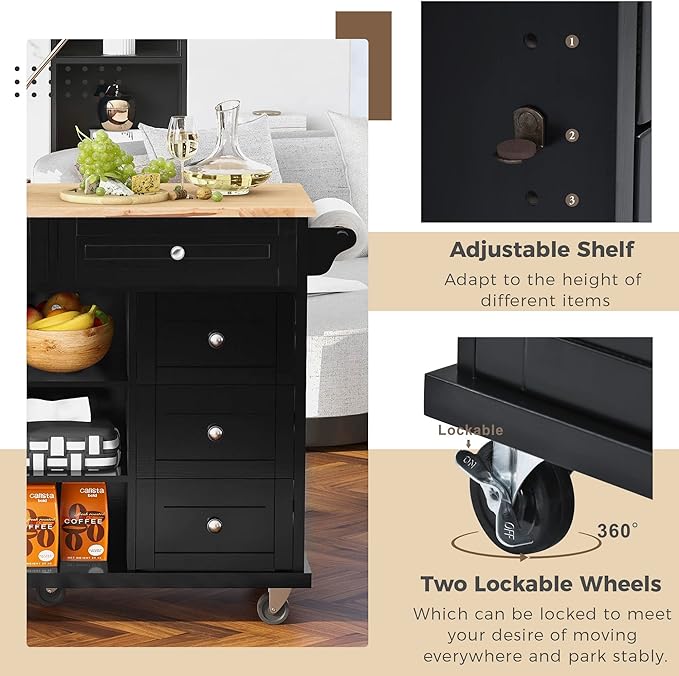 Rolling Kitchen Island Cart with Storage Cabinets and 5 Drawers, 2 Adjustable Shelf, Rubber Wood Countertop, Spice Rack & Towel Handle for Dinning Room, Coffee Bar - LeafyLoom