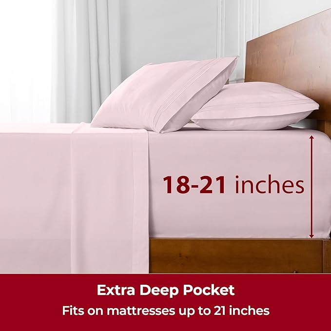 Mellanni Extra Deep Queen Sheets - 4 PC Iconic Collection Bedding Sheets & Pillowcases - Hotel Luxury, Ultra Soft, Cooling Bed Sheets - Extra Deep Pocket up to 21 inch (Queen, Blush Pink) - LeafyLoom