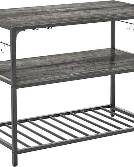 Homieasy Kitchen Island with Wine Glass Holder, Industrial Wood and Metal Coffee Bar Wine Rack Table, 3 Tier Spacious Prep Table Extended Counter with Hooks Easy to Assemble, Black Oak - LeafyLoom