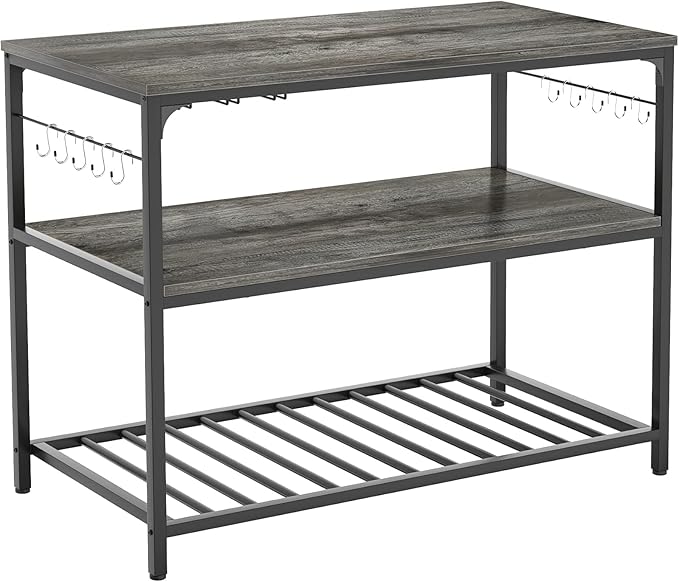 Homieasy Kitchen Island with Wine Glass Holder, Industrial Wood and Metal Coffee Bar Wine Rack Table, 3 Tier Spacious Prep Table Extended Counter with Hooks Easy to Assemble, Black Oak - LeafyLoom