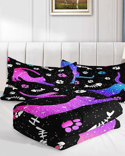 Cute Cat Comforter Kids Bedding Set Full,3Pcs Soft Paw Fish Bone Print Quilt Set Bed in A Bag with 1 Comforter 2 Pillowcases for Kids Boys Girls Teens Adults Room Decor All Season Gradient Purple Blue - LeafyLoom