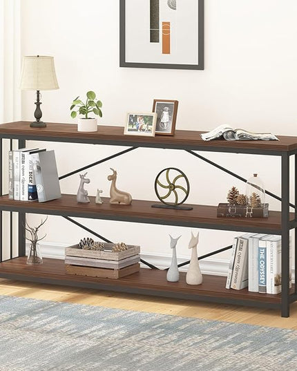 IBF Walnut Low Wide Bookcase, Vintage 63 Inch Long 3 Tier Open Book Shelf, Farmhouse Big Wood Metal sturdy Bookshelf Display Case, Simple Large Etagere Bookshelves for Home Living Room Office Bedroom - LeafyLoom
