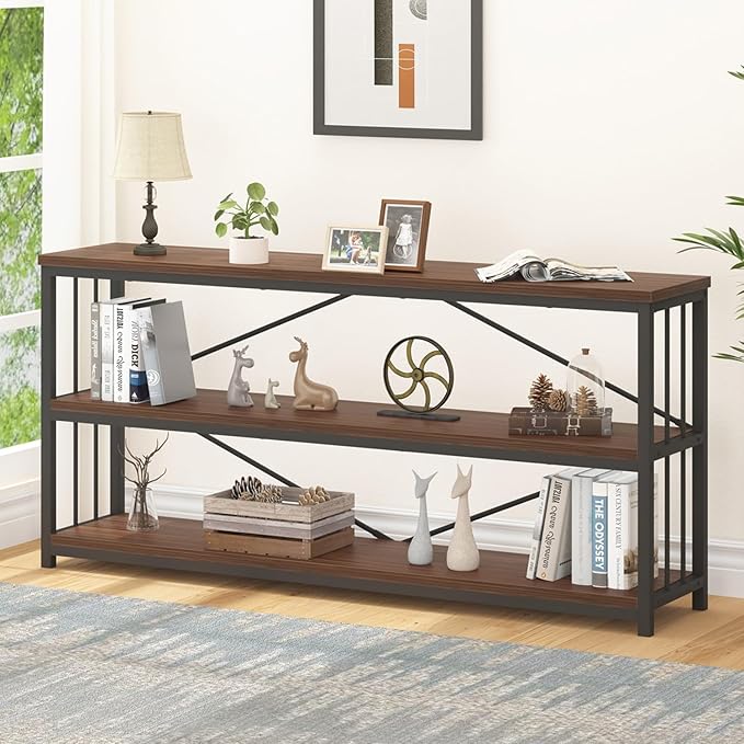 IBF Walnut Low Wide Bookcase, Vintage 63 Inch Long 3 Tier Open Book Shelf, Farmhouse Big Wood Metal sturdy Bookshelf Display Case, Simple Large Etagere Bookshelves for Home Living Room Office Bedroom - LeafyLoom