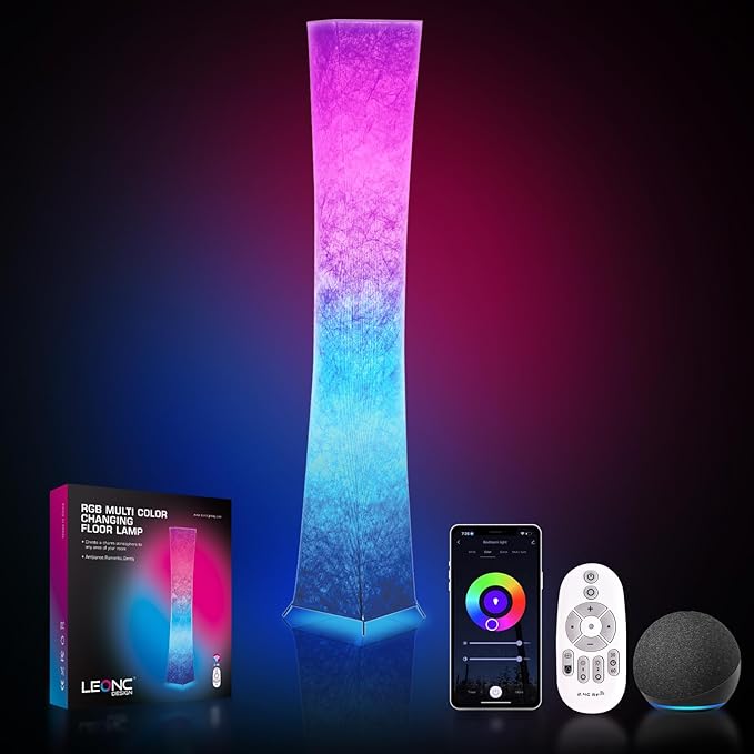 Soft Light Floor Lamp, 52" LEONC Twist RGB Color Changing Tyvek Fabric Shade Dimmable Remote Control and 2 Smart LED Bulbs for Livingroom… - LeafyLoom