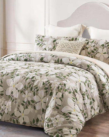 Whale Flotilla Queen Full Comforter Set, Soft Reversible Beige Bedding Comforter Set with Botanical Pattern, 1 Micoriber Printed Comforter and 2 Pillow Shams, 3 Pieces - LeafyLoom