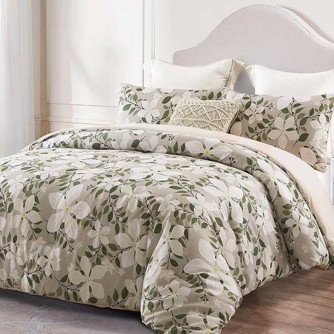 Whale Flotilla Queen Full Comforter Set, Soft Reversible Beige Bedding Comforter Set with Botanical Pattern, 1 Micoriber Printed Comforter and 2 Pillow Shams, 3 Pieces - LeafyLoom