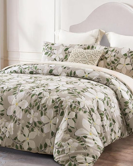 Whale Flotilla King Comforter Set, Soft Reversible Beige Bedding Comforter Set with Botanical Pattern, 1 Micoriber Printed Comforter and 2 Pillow Shams, 3 Pieces - LeafyLoom