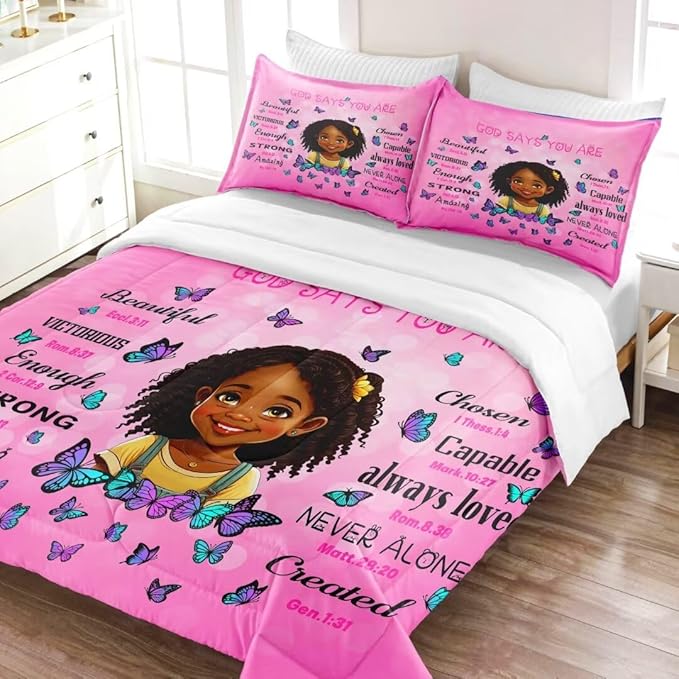 Black Girl Comforter Set Full for Kids Teens,God Says You are Comforter Set for Black Women,Black Girl Magic Bedding Set,African American Girl Bed Bedroom Set - LeafyLoom