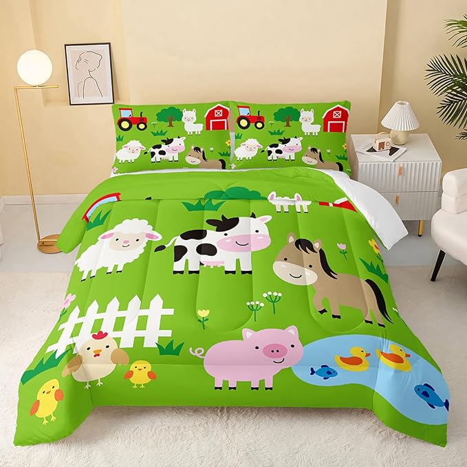Farm Animal Comforter,Pig Cow Sheep Comforter Set for Kids Teens Girls Boys,3Pcs Bedding Set Printed Comforter with 2 Pillowcases,Down Alternative,Soft and Lightweight，Full Size - LeafyLoom
