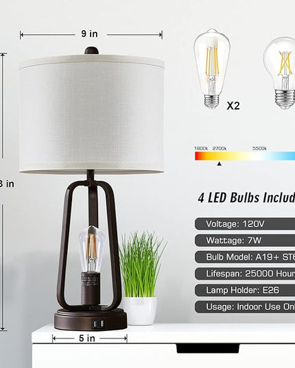 Luvkczc Modern Farmhouse Table Lamp Set of 2, Table Lamps with USB Port, 3-Way Dimmable Bedside Touch Lamp with Rotary Switch, Rustic Industrial Lamps for Bedroom Living Room, Bulbs Included - LeafyLoom