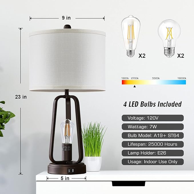 Luvkczc Modern Farmhouse Table Lamp Set of 2, Table Lamps with USB Port, 3-Way Dimmable Bedside Touch Lamp with Rotary Switch, Rustic Industrial Lamps for Bedroom Living Room, Bulbs Included - LeafyLoom