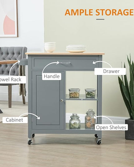 HOMCOM Kitchen Island Cart, Rolling Kitchen Island with Storage Shelf, Solid Wood Top, Drawer, for Dining Room, Gray - LeafyLoom
