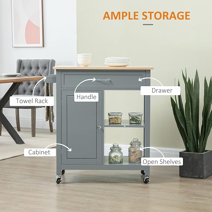 HOMCOM Kitchen Island Cart, Rolling Kitchen Island with Storage Shelf, Solid Wood Top, Drawer, for Dining Room, Gray - LeafyLoom