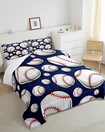 Baseball Bedding Set Sports Theme Comforter Set for Kids Boys Girls Teens 3D Blue Ball Pattern Comforter Breathable Baseball Games Duvet Set Room Decor Quilt Set Queen Size - LeafyLoom