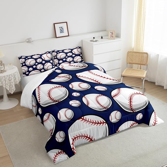 Baseball Bedding Set Sports Theme Comforter Set for Kids Boys Girls Teens 3D Blue Ball Pattern Comforter Breathable Baseball Games Duvet Set Room Decor Quilt Set Queen Size - LeafyLoom