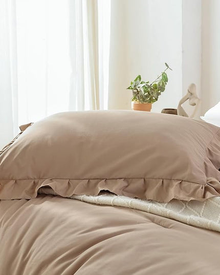 JANZAA Queen Ruffled Comforter Set 3PCS (1 Taupe Comforter Set and 2 Pillowcases) Vintage Farmhouse Shabby Chic Bedding Soft Fluffy Comforter Set All Season - LeafyLoom