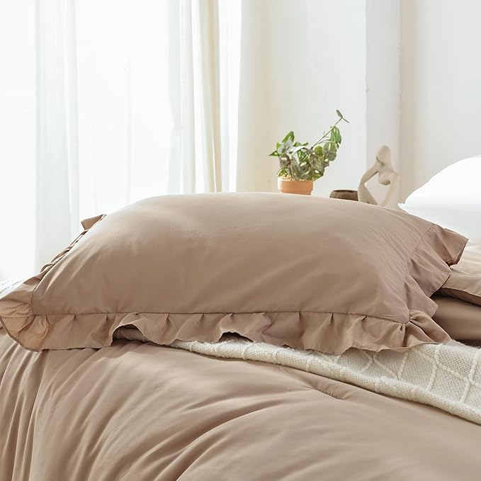 JANZAA Queen Ruffled Comforter Set 3PCS (1 Taupe Comforter Set and 2 Pillowcases) Vintage Farmhouse Shabby Chic Bedding Soft Fluffy Comforter Set All Season - LeafyLoom