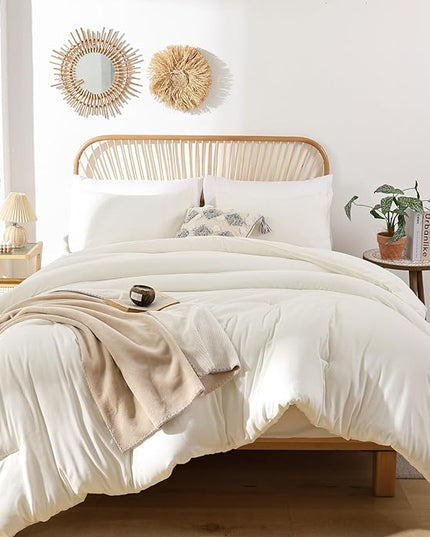 ROSGONIA Queen Comforter Set Ivory, 3pcs(1 Boho Ivory Comforter & 2 Pillowcases) All Season Soft Bedding Lightweight Bedspread Blanket Quilt Bed - LeafyLoom