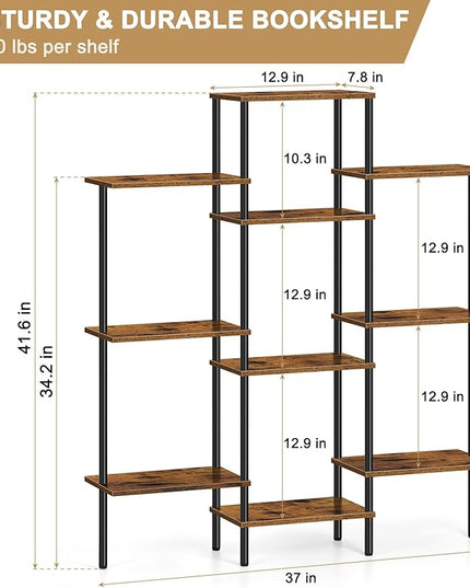 ETELI 4 Tier Small Bookshelf Triple Wide Bookcase with 10 Storage Shelves Open Shelf Book Shelf Book Case for Home & Office, Living Room, Industrial Style, 7.8" D x 37" W x 41.6" H - LeafyLoom