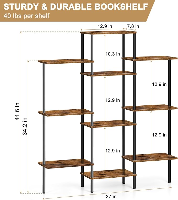 ETELI 4 Tier Small Bookshelf Triple Wide Bookcase with 10 Storage Shelves Open Shelf Book Shelf Book Case for Home & Office, Living Room, Industrial Style, 7.8" D x 37" W x 41.6" H - LeafyLoom