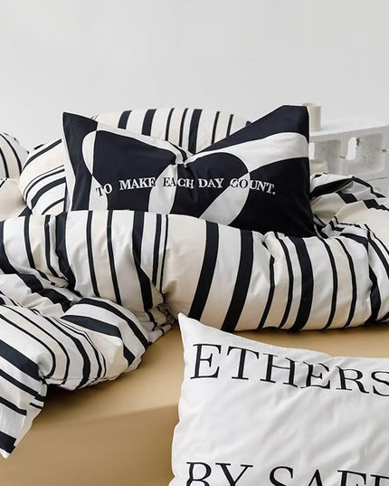 Striped Comforter Set California King Black White Comforter Men Women Modern Chic Stripes Bed Comforter Beige Black Striped Cal King Ticking Bedding Comforter All Season Hotel Quality Bed Set - LeafyLoom