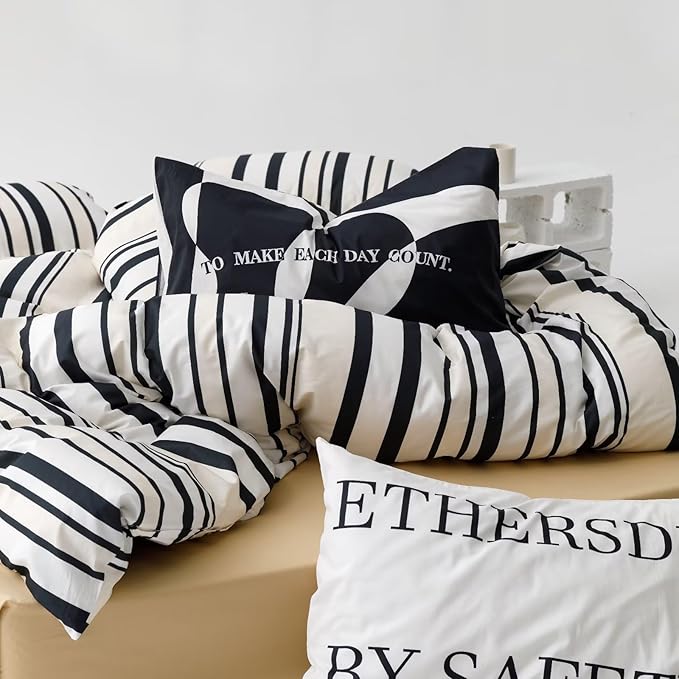 Striped Comforter Set California King Black White Comforter Men Women Modern Chic Stripes Bed Comforter Beige Black Striped Cal King Ticking Bedding Comforter All Season Hotel Quality Bed Set - LeafyLoom