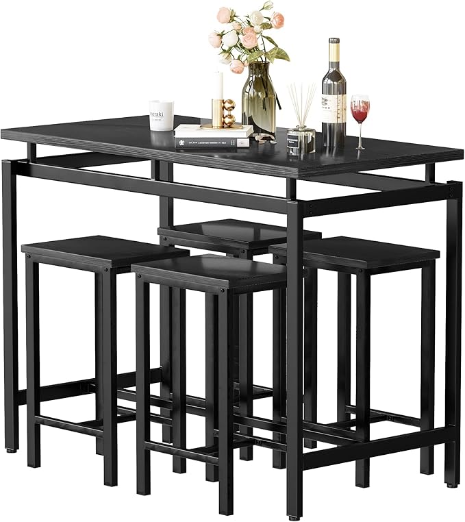 DKLGG Dinner Table Set for 4, Modern Kitchen Table and Chairs for 4 Wooden Top and Adjustable Metal Legs, Small Dining Room Table Set 5 Pieces Compact Design for Small Space - LeafyLoom