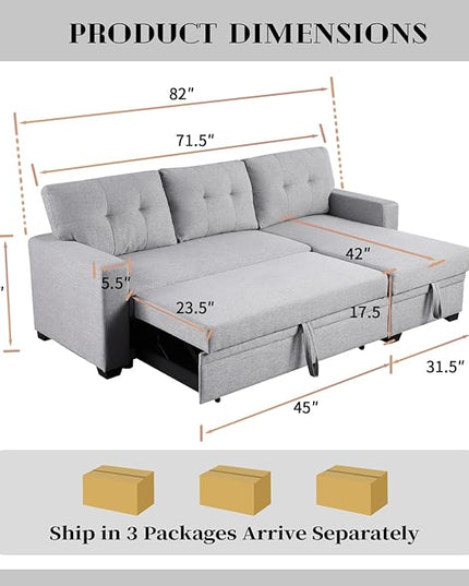 4-in-1 Modular Sofa Bed Convertible Living Room Furniture Sets Upholstered, L Shaped Sectional Comfy Couch with Reversible Storage Chaise for Apartment, Studio, Office, Light Gray-3 - LeafyLoom