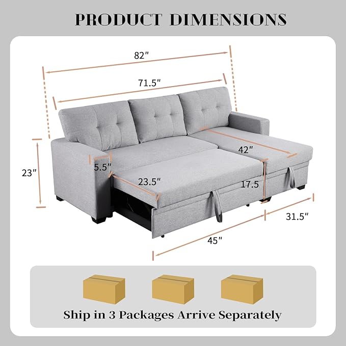 4-in-1 Modular Sofa Bed Convertible Living Room Furniture Sets Upholstered, L Shaped Sectional Comfy Couch with Reversible Storage Chaise for Apartment, Studio, Office, Light Gray-3 - LeafyLoom
