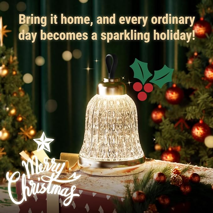 KOSTA Crystal Bell Table Lamp Rechargeable Crystal Lamp Christmas Bell Light for Decor Home Bedroom Kitchen Office Living Room Birthday Gift Lights for Bedroom/Party/Kids Room - LeafyLoom