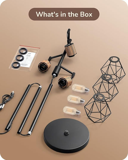 EDISHINE Dimmable Industrial Floor Lamp, Farmhouse Standing Lamp for Living Room with 3 LED Edison Bulbs, Diamond-Shaped Cage, Corner Rustic Rattan Reading Lamps for Bedroom, Office, Black - LeafyLoom