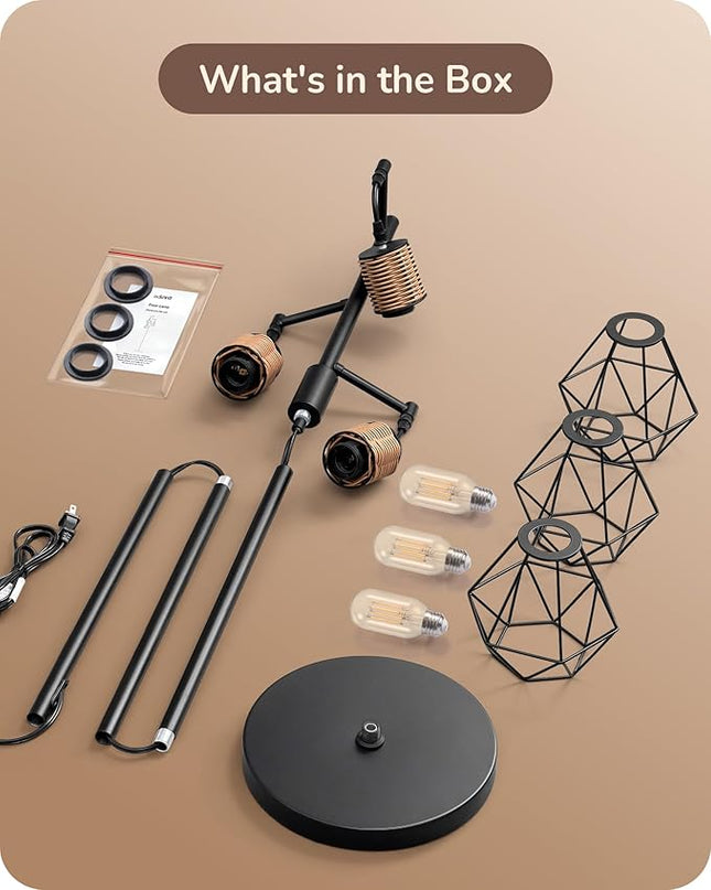 EDISHINE Dimmable Industrial Floor Lamp, Farmhouse Standing Lamp for Living Room with 3 LED Edison Bulbs, Diamond-Shaped Cage, Corner Rustic Rattan Reading Lamps for Bedroom, Office, Black - LeafyLoom
