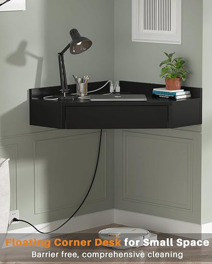 armocity Triangular Computer Desk with Outlets, Wall-Mounted Desk for Small Space, Floating Corner Table with Drawer, USB Ports, Home Office, Bedroom, Black - LeafyLoom
