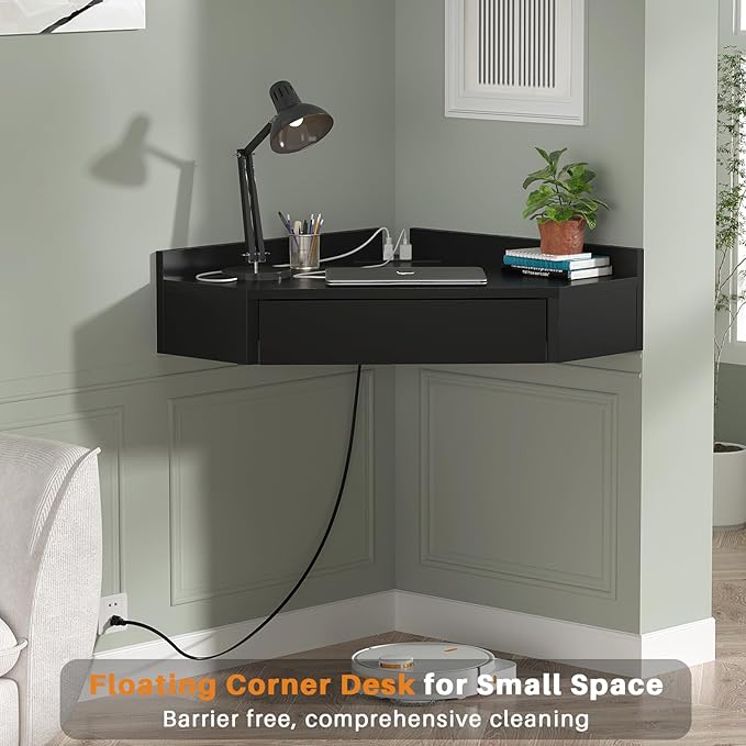 armocity Triangular Computer Desk with Outlets, Wall-Mounted Desk for Small Space, Floating Corner Table with Drawer, USB Ports, Home Office, Bedroom, Black - LeafyLoom