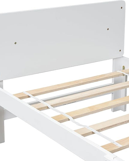 Twin Bed with Footboard Bench, Twin Kid Bed with Headboard, Wood Slat Support, Cute Kid Bed Frame with Book Storage Space, Twin Car Bed for Boys Girls Bedroom, No Box Spring Needed, White - LeafyLoom