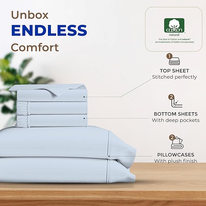 THREAD SPREAD 100% Egyptian Cotton Split King Sheets Sets for Adjustable Bed - 600 Thread Count 5 PC Top Split King Sheets, 16" Deep Pocket Cooling Sheets for Split King Adjustable Bed - Light Blue - LeafyLoom
