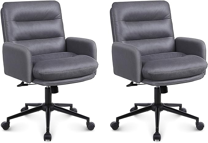 Adjustable Home Office Chair Set of 2, Modern Mid Back Computer Desk Chair with Wheels, Ergonomic Upholstered Swivel Chair, Grey - LeafyLoom