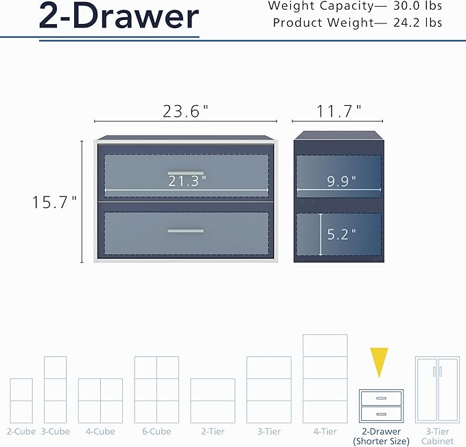 Apexa 2-Drawer Wooden Stackable Storage Drawers, Small Food Pantry Cabinet, Cajonera De Madera, Underbed Drawer Dorm Teen Room Decor & Bedroom, Home Office, Kitchen, Steel Blue - LeafyLoom