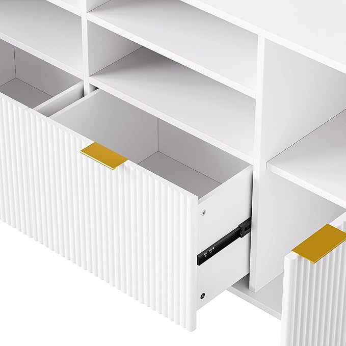 113Inch Entertainment Wall Unit with Bridge, TV Stand Media Console Table with 13 Shelves,8 Drawers and 2 Cabinets for Living Room, White - LeafyLoom