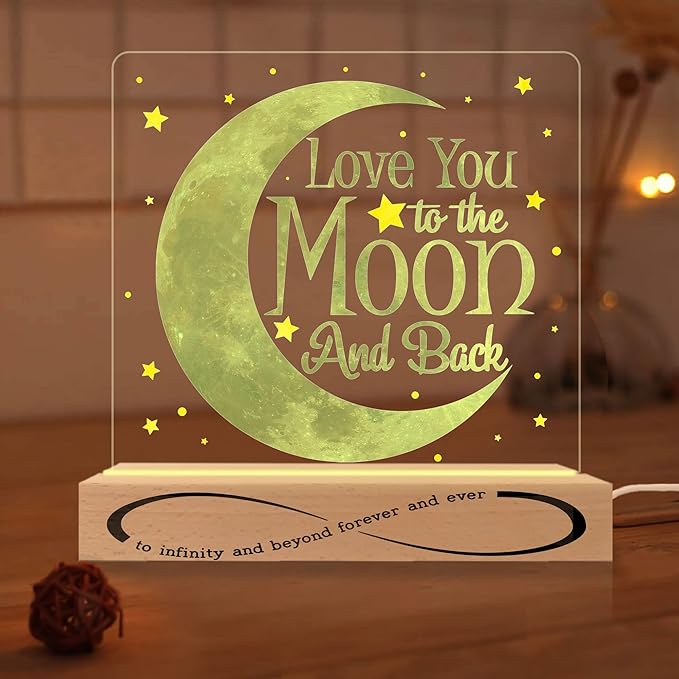 Romantic Valentines Gifts, Love You Moon and Back Infinity & Beyond 3D Illusion Lamp USB Powered Acrylic Night Light for Girlfriend Boyfriend Him Her Husband Wife on Birthday Anniversary - LeafyLoom